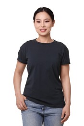 Photo of Woman wearing black t-shirt on white background