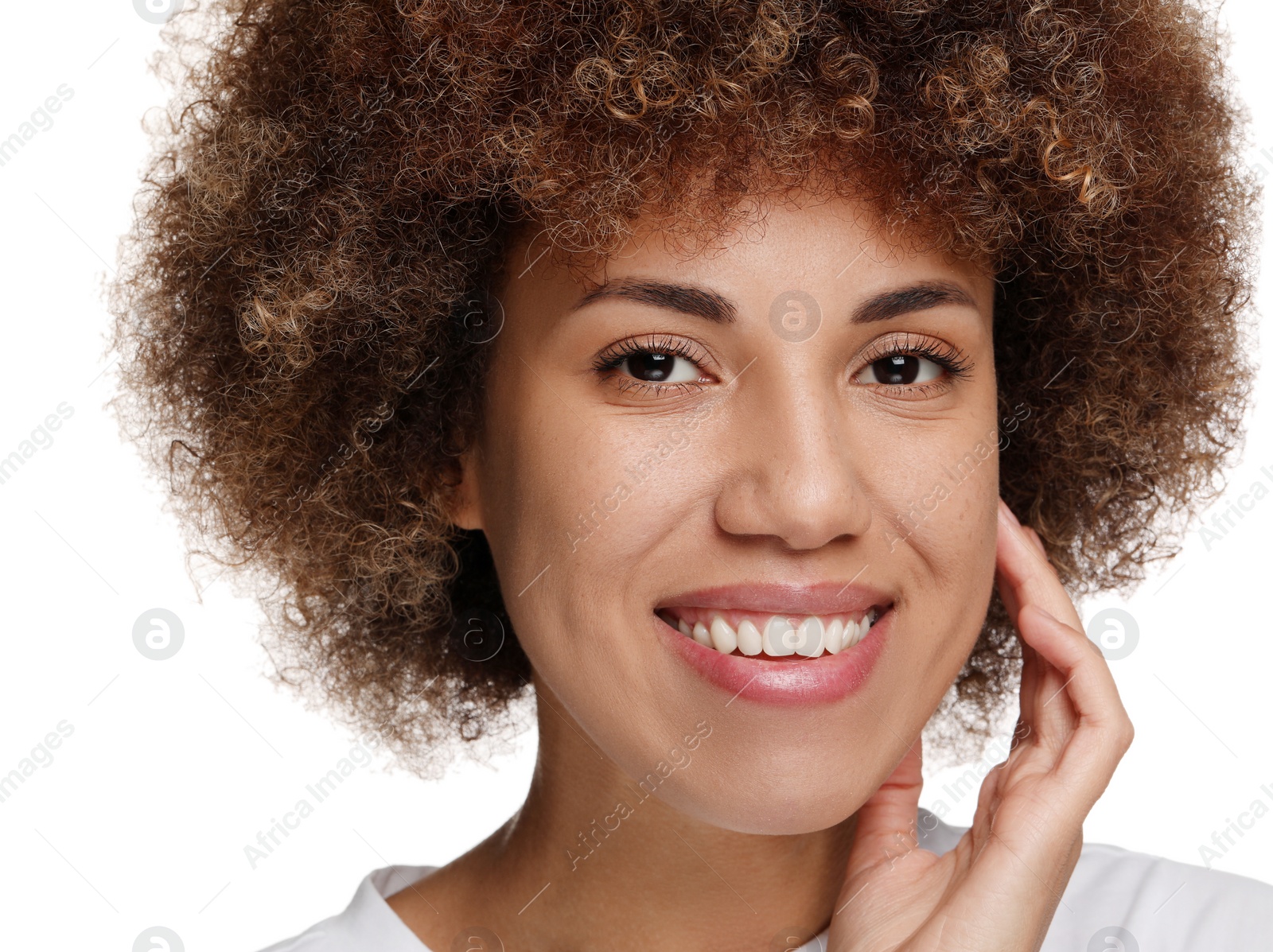 Photo of Woman with clean teeth smiling on white background