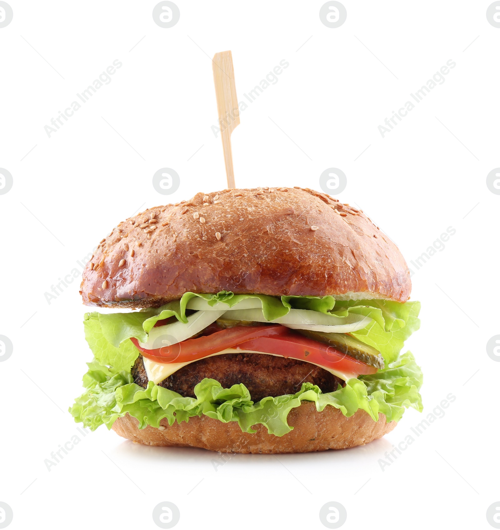 Photo of Vegetarian burger with delicious patty isolated on white