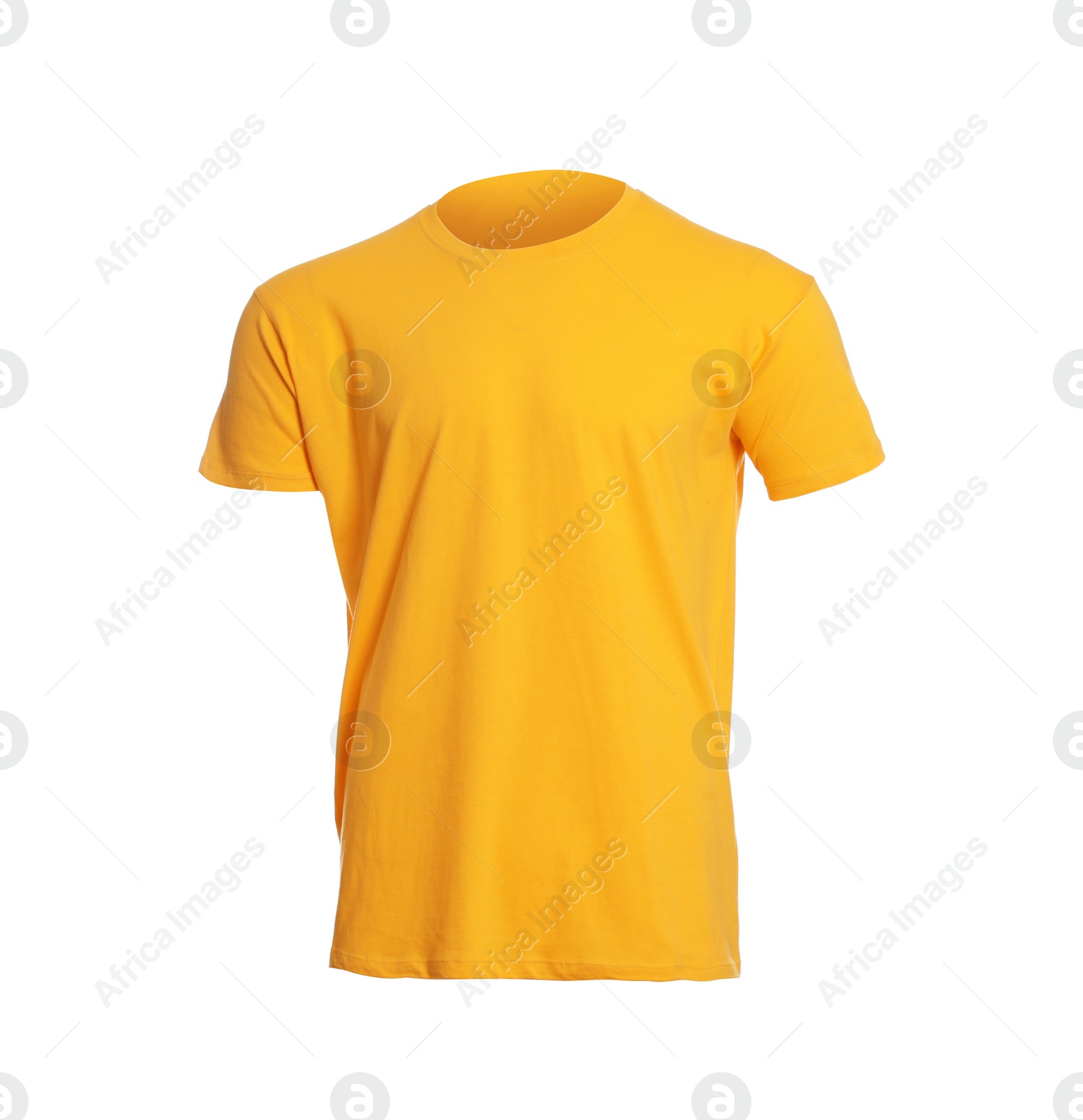 Photo of Mannequin with yellow men's t-shirt isolated on white. Mockup for design