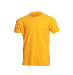 Photo of Mannequin with yellow men's t-shirt isolated on white. Mockup for design