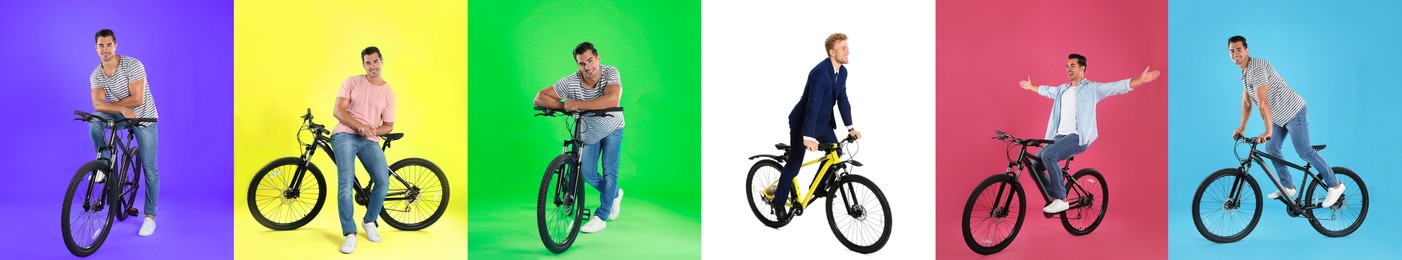 Image of Collage with photos of men with bicycles on different color backgrounds