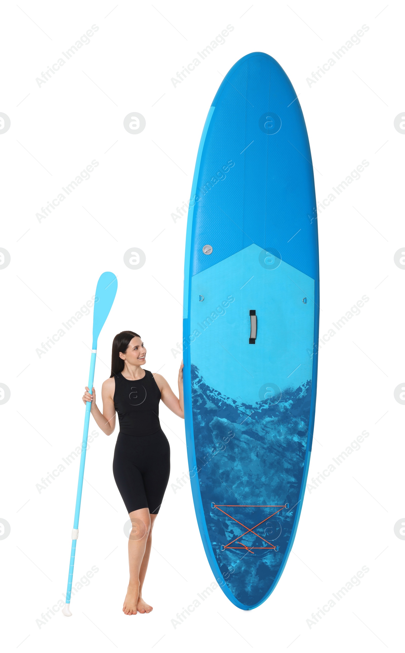 Photo of Happy woman with blue SUP board and paddle on white background