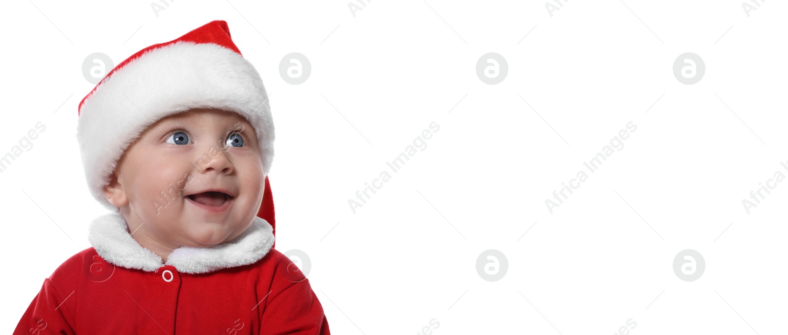 Image of Cute baby wearing Christmas costume on white background. Banner design