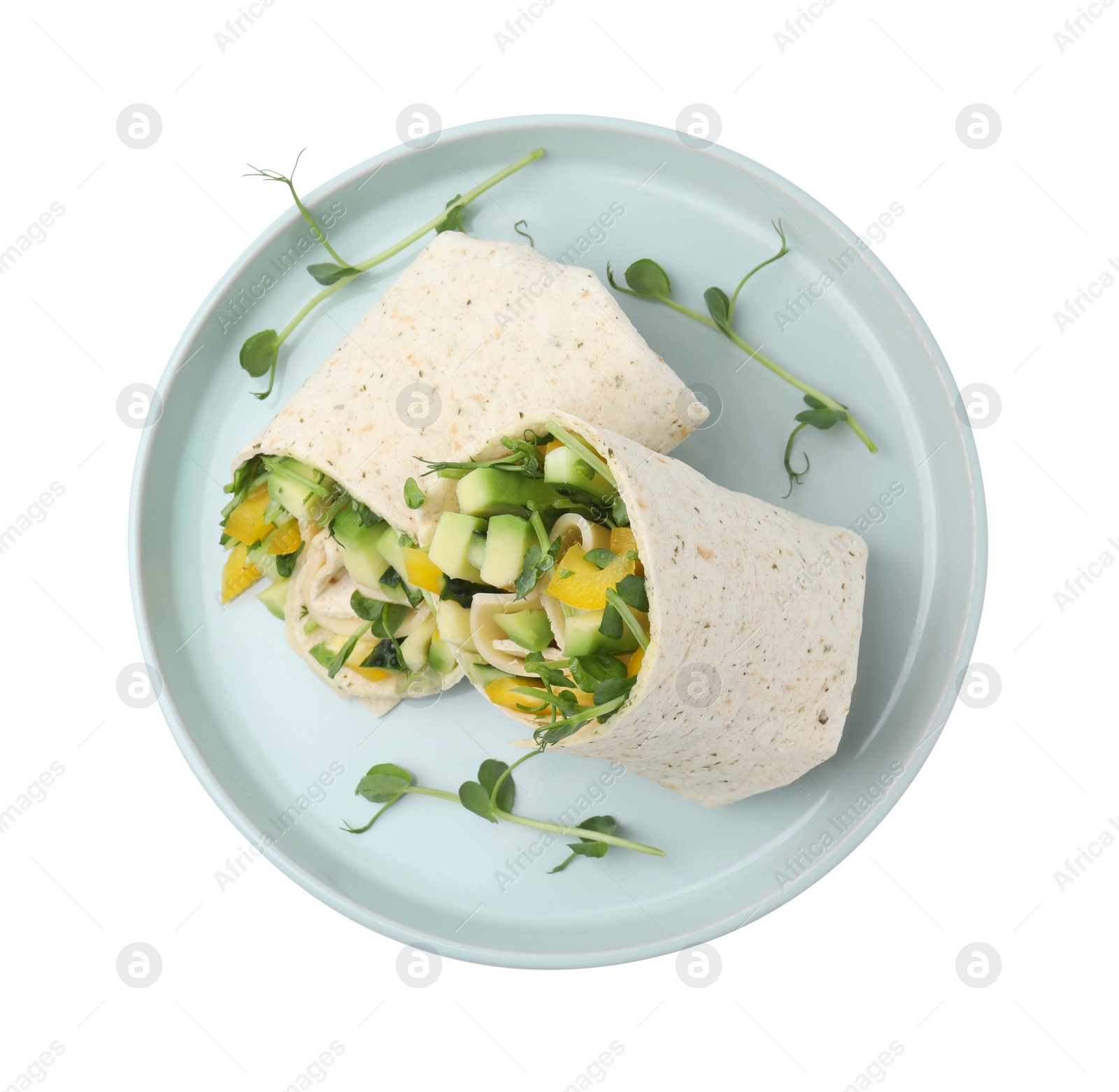 Photo of Delicious sandwich wraps with fresh vegetables isolated on white, top view