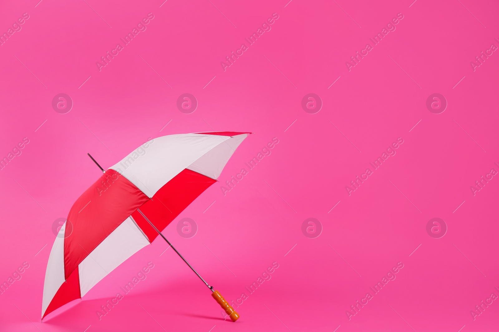 Photo of Colorful umbrella on pink background. Space for text