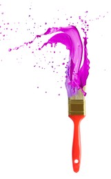 Image of Brush with splashing purple and violet paints on white background