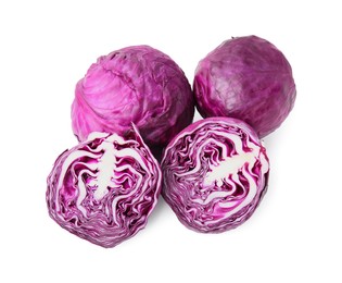 Photo of Whole and cut fresh red cabbages isolated on white