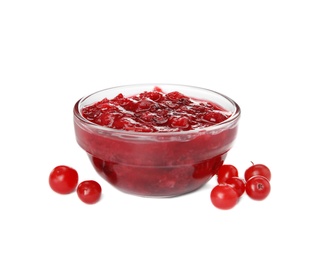 Photo of Bowl of cranberry sauce on white background