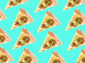 Image of Cheese pizza slices on light blue background. Pattern design 