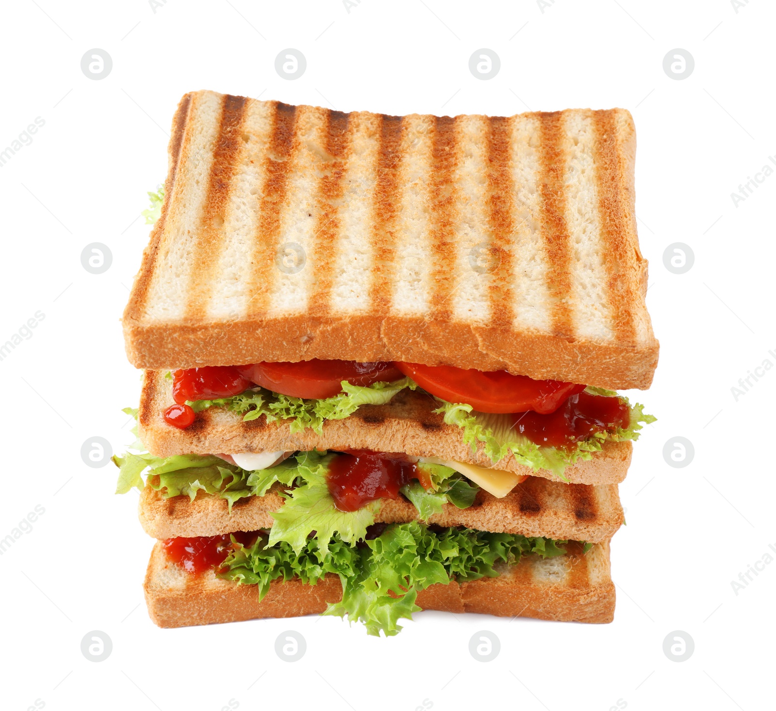 Photo of Yummy sandwich with toasted bread isolated on white