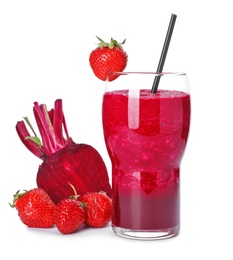 Glass of fresh juice with beet and strawberry on white background