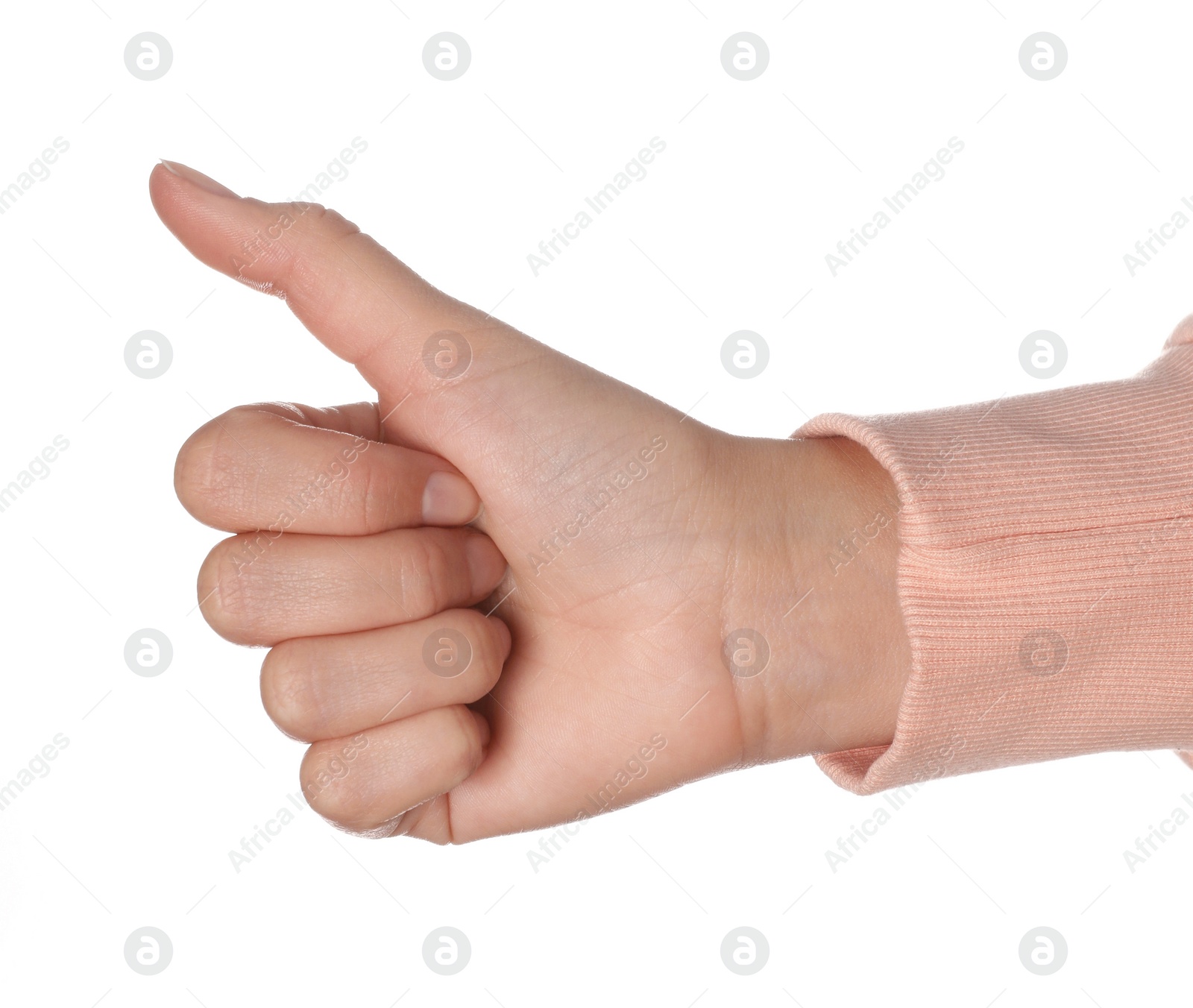 Photo of Woman hitchhiking on white background, closeup view