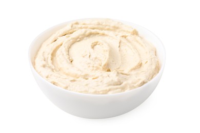 Bowl of delicious hummus isolated on white
