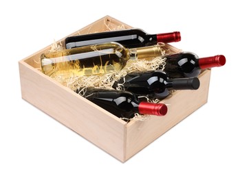 Wooden gift box with wine bottles isolated on white