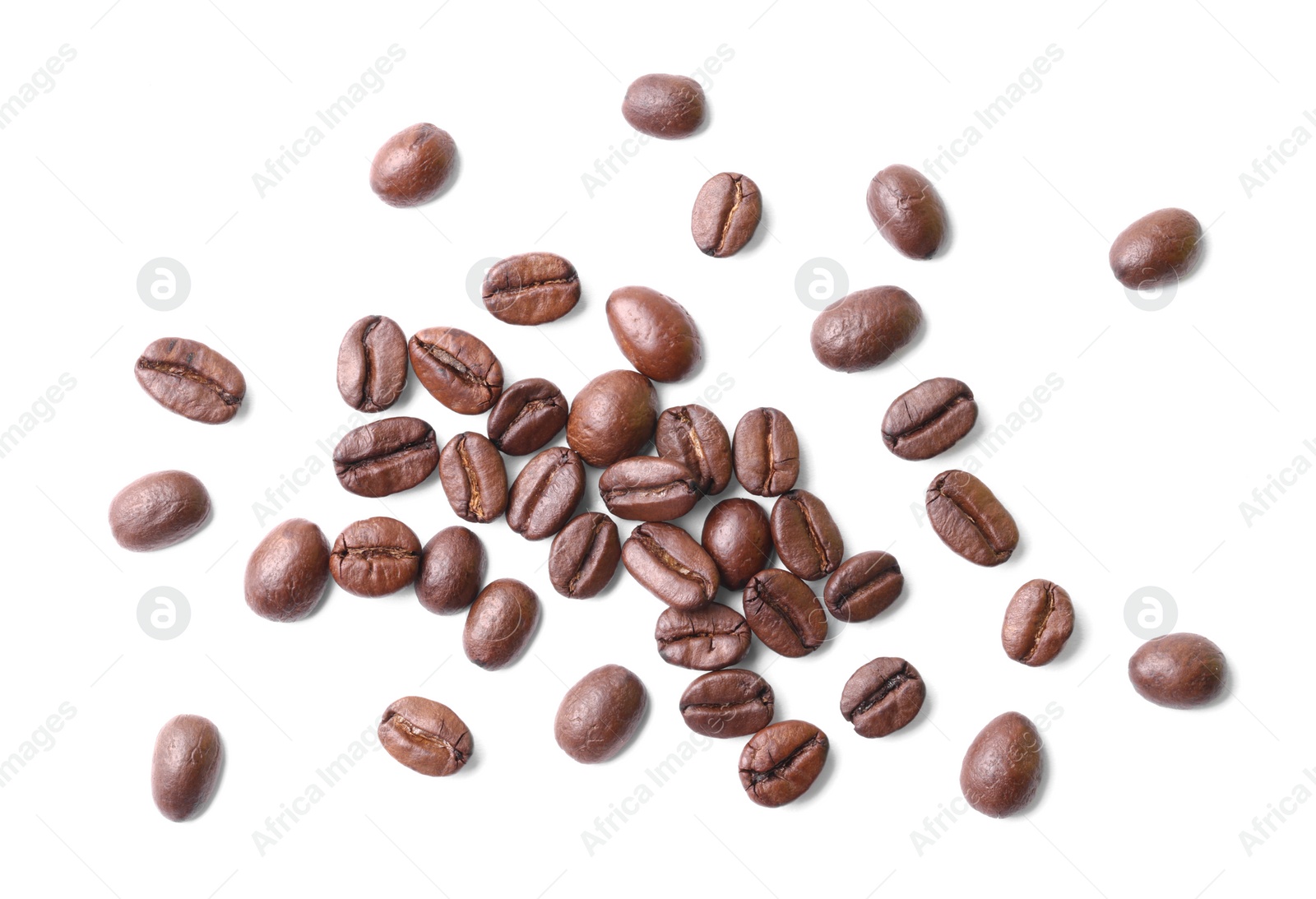 Photo of Many roasted coffee beans isolated on white, top view