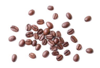 Many roasted coffee beans isolated on white, top view