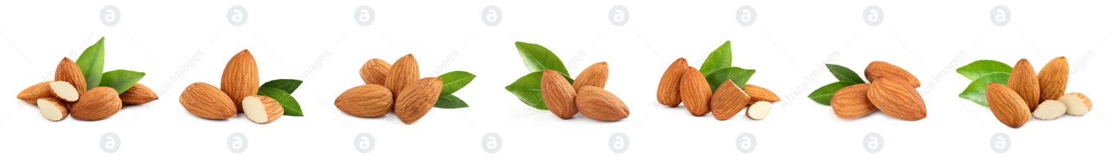 Image of Set with tasty almond nuts on white background. Banner design