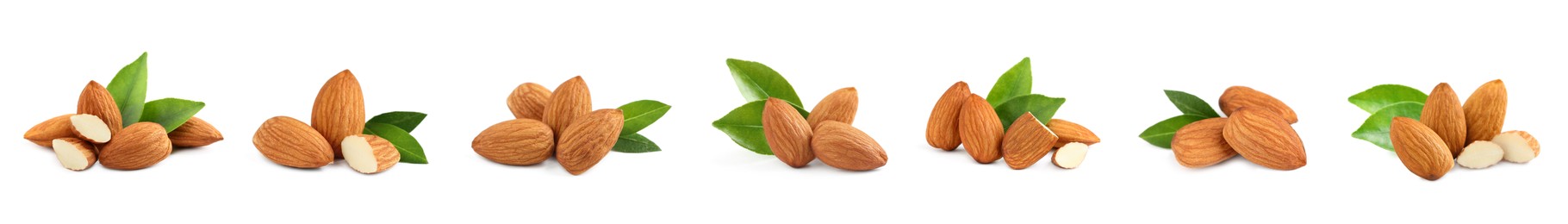 Set with tasty almond nuts on white background. Banner design