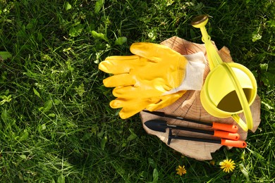 Photo of Pair of gloves, gardening tools and watering can on wooden stump among grass outdoors, top view