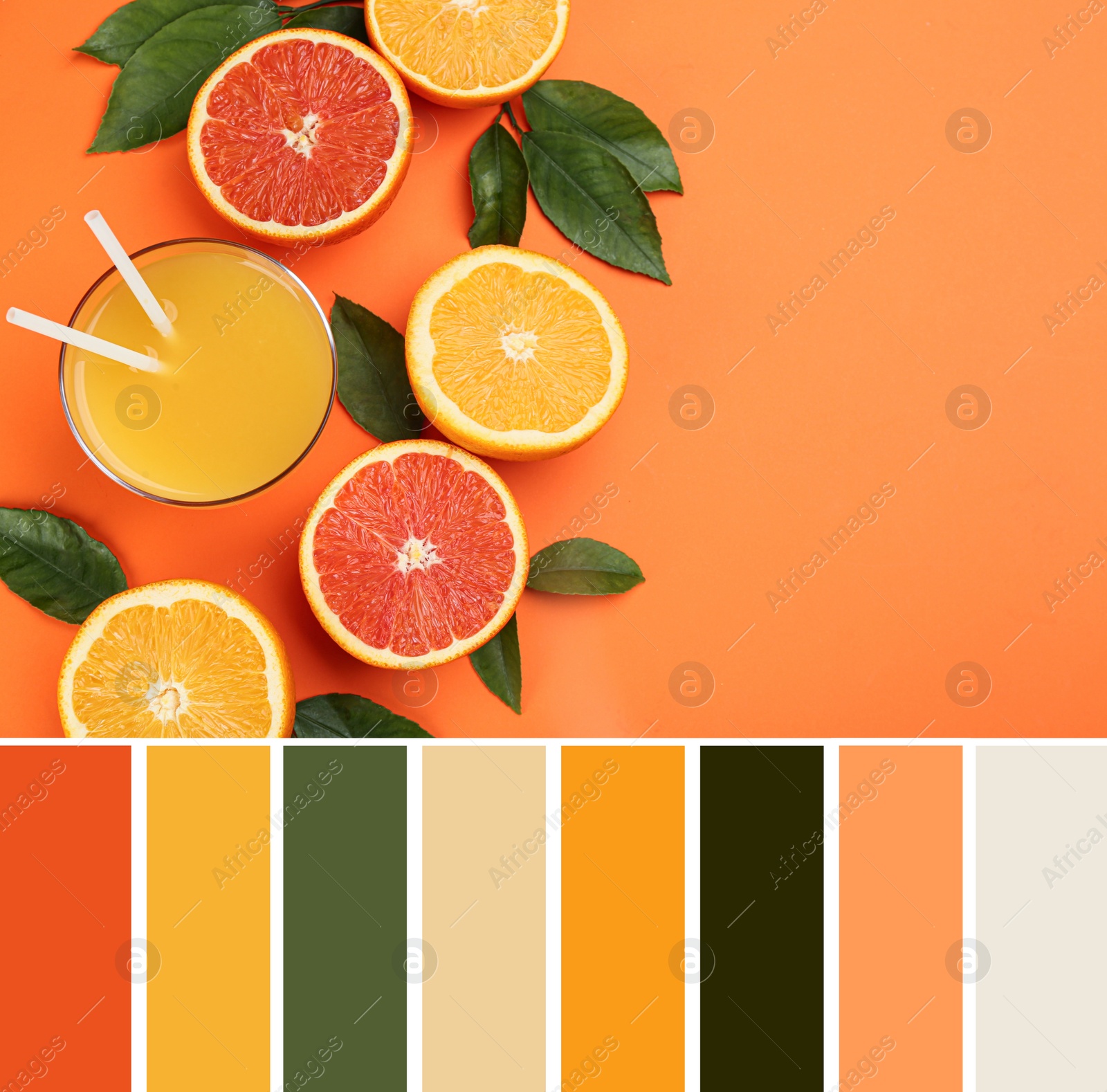 Image of Color palette and delicious juice and fresh fruits on pale orange background, flat lay