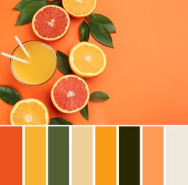 Image of Color palette and delicious juice and fresh fruits on pale orange background, flat lay