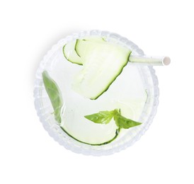 Photo of Refreshing cucumber water with basil in glass isolated on white, top view