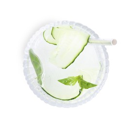 Refreshing cucumber water with basil in glass isolated on white, top view