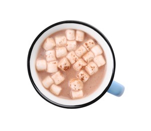 Photo of Cup of aromatic hot chocolate with marshmallows and cocoa powder isolated on white, top view