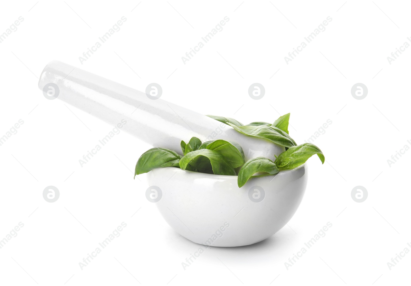 Photo of Mortar with fresh green basil leaves on white background