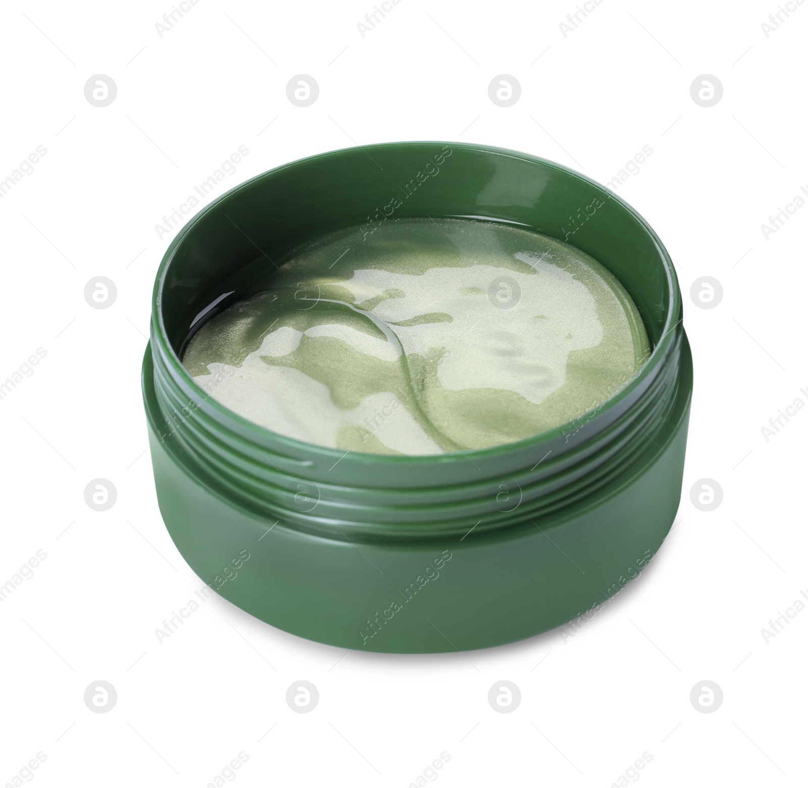 Photo of Under eye patches in jar isolated on white. Cosmetic product