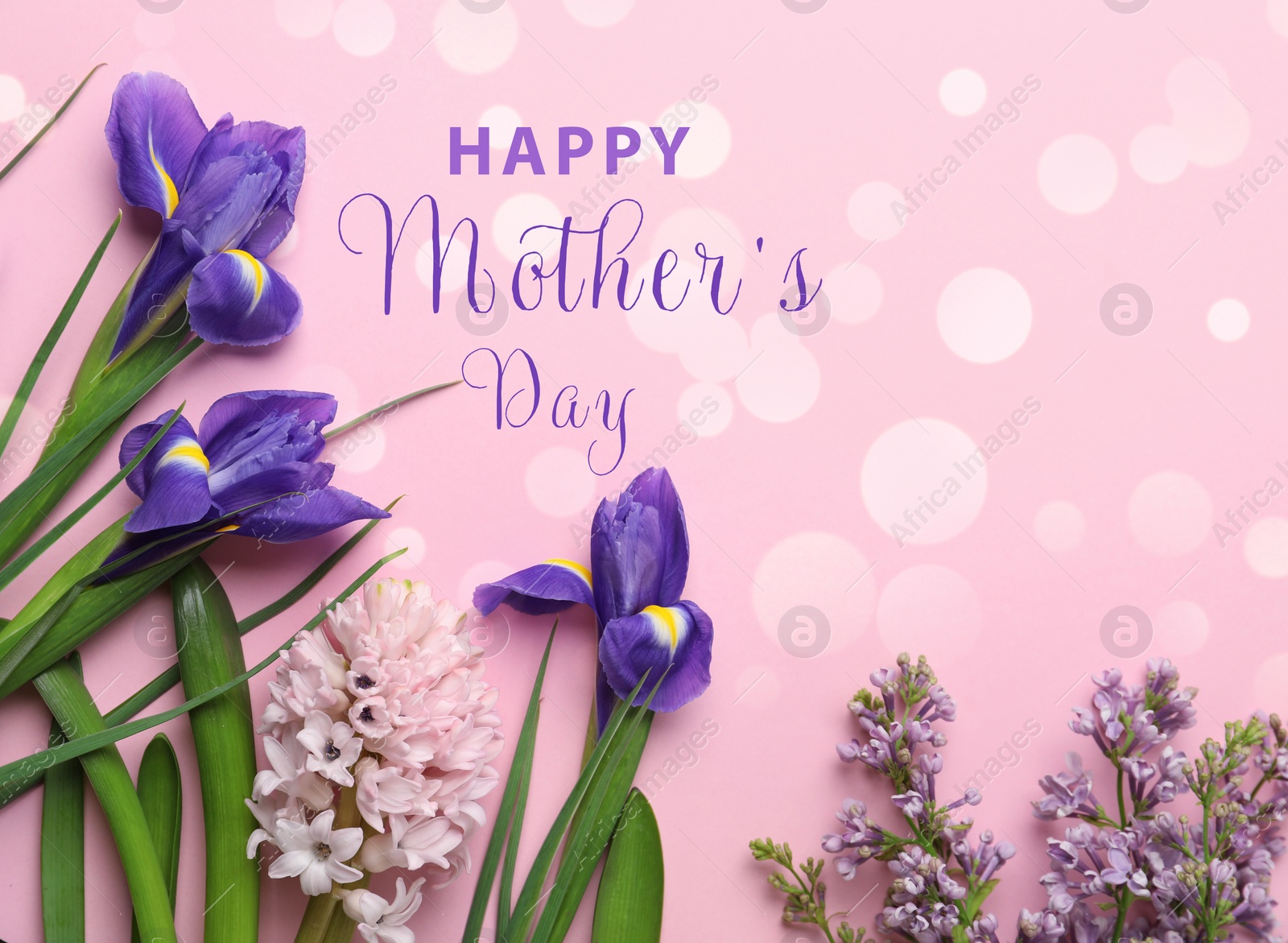 Image of Flat lay composition with beautiful spring flowers and phrase HAPPY MOTHER'S DAY on light pink background