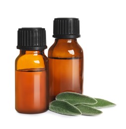 Photo of Bottles of essential sage oil and leaves on white background.