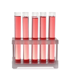 Photo of Test tubes with red liquid in rack isolated on white