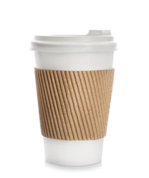 Takeaway paper coffee cup with lid and cardboard sleeve on white background