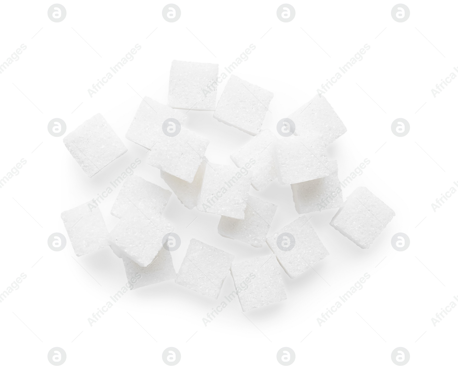 Photo of Sugar cubes isolated on white, top view
