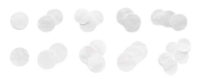 Image of Set with soft clean cotton pads on white background, top view. Banner design