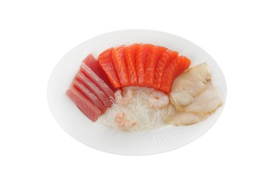 Photo of Tasty sashimi set (raw tuna, slices of salmon, shrimp and oily fish) served with funchosa isolated on white, top view