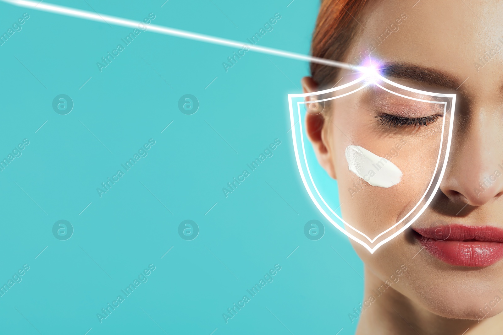 Image of Sun protection care. Beautiful woman with sunscreen on face against turquoise background, space for text. Illustration of shield and ray