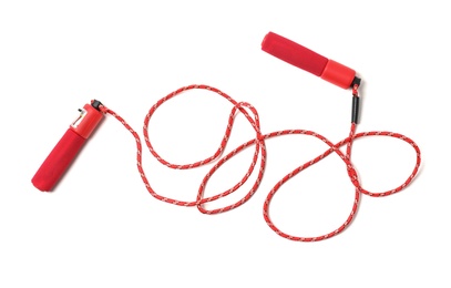 Photo of Jump rope on white background, top view