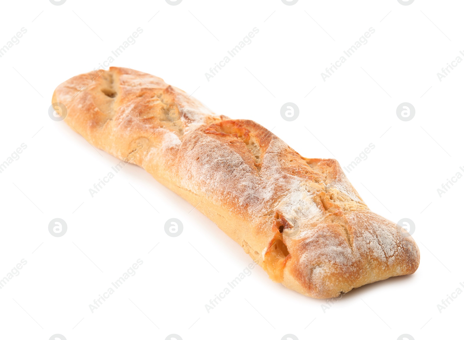 Photo of Baguette with cheese isolated on white. Fresh bread
