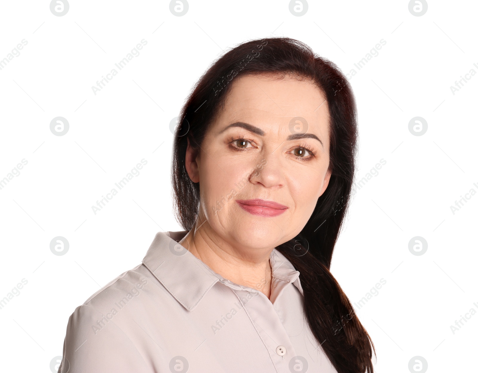 Photo of Portrait of charming mature woman with healthy beautiful face skin and natural makeup on white background