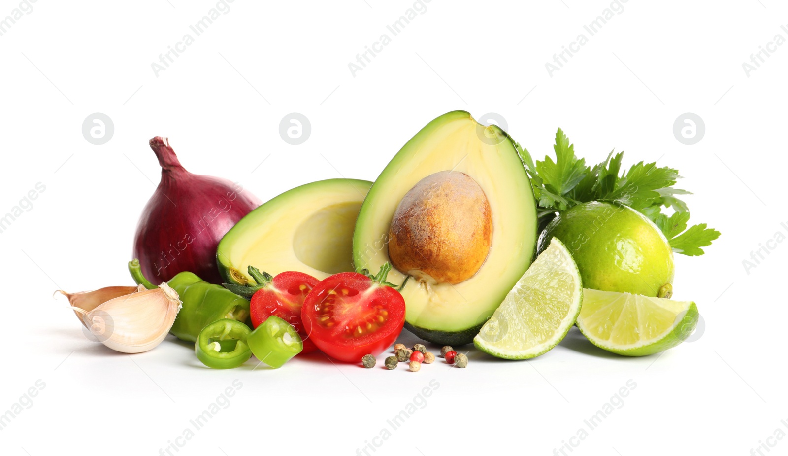 Photo of Fresh ingredients for guacamole on white background