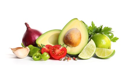 Photo of Fresh ingredients for guacamole on white background