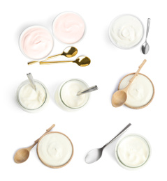 Image of Set of delicious natural yogurt on white background, top view