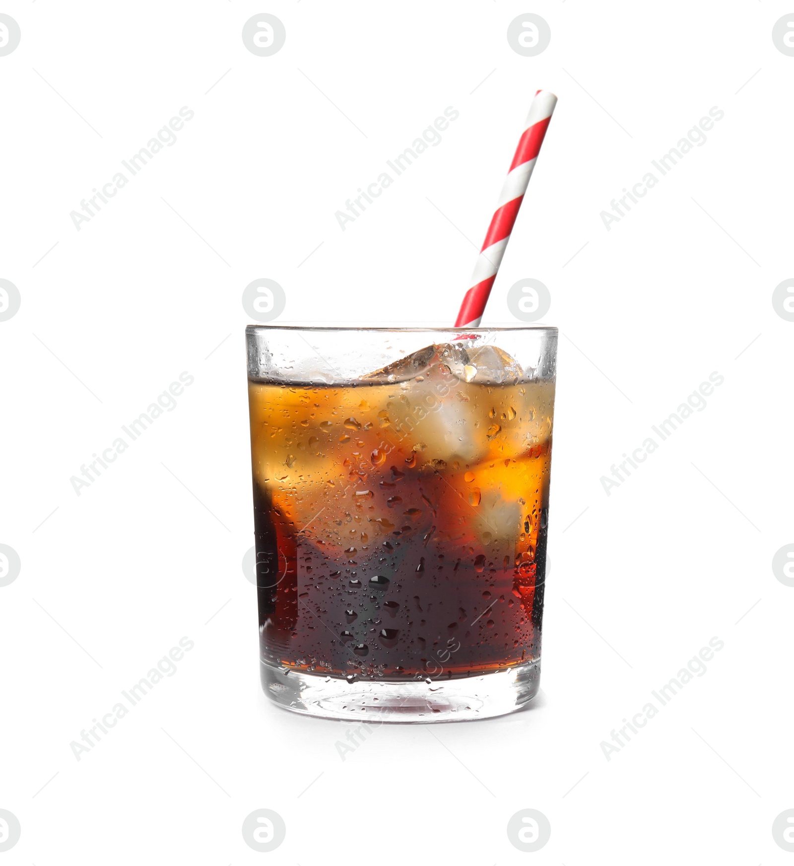 Photo of Glass of refreshing cola with ice on white background