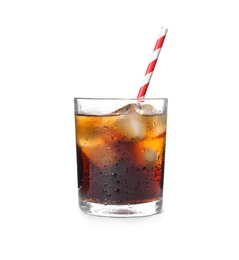 Photo of Glass of refreshing cola with ice on white background