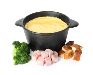 Fondue with tasty melted cheese and different products isolated on white