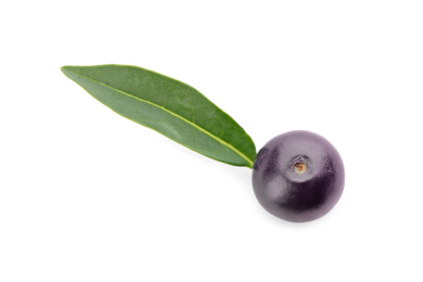 Fresh acai berry with leaf isolated on white, top view