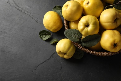 Photo of Fresh ripe organic quinces with leaves in wicker basket on black table, above view. Space for text